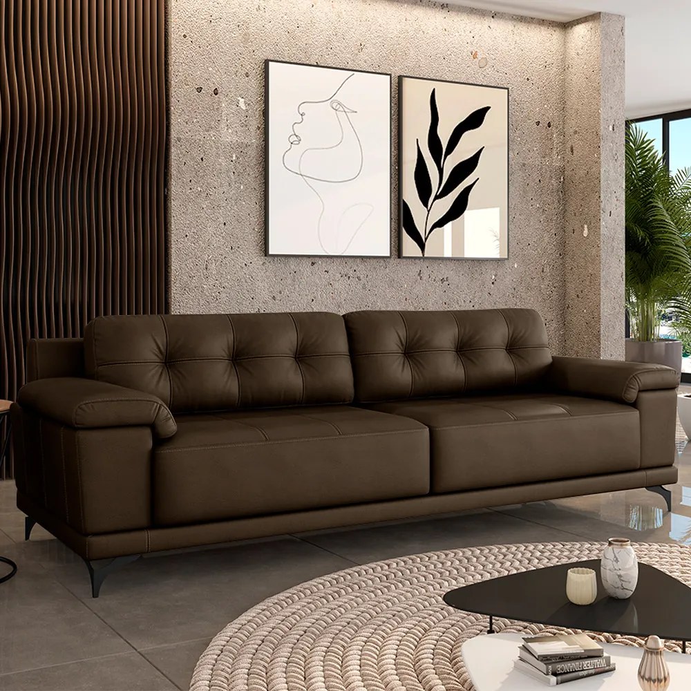 Sofá Living 4 lugares 255cm Agostino Pés Design em Ferro Couro Capuccino G52 - Gran Belo