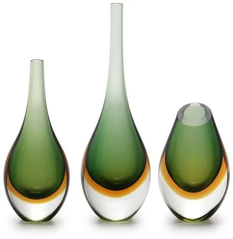 Conjunto 3 Gotas Mini Bicolor Verde com Âmbar Murano Cristais Cadoro