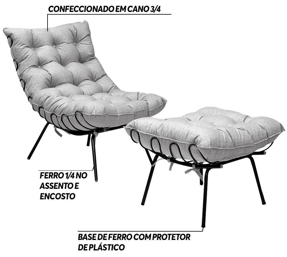Conjunto Decorativo Poltrona e Puff Abel Base de Ferro Preto Linho Cinza G41 - Gran Belo