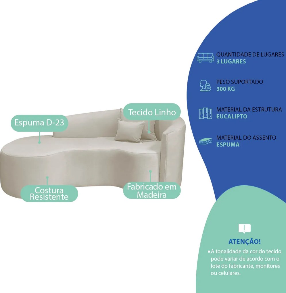 Kit Recamier Curvo Sala de Estar Inglaterra 200cm Lado Esquerdo Poltrona Orgânica Luxo Amore Linho