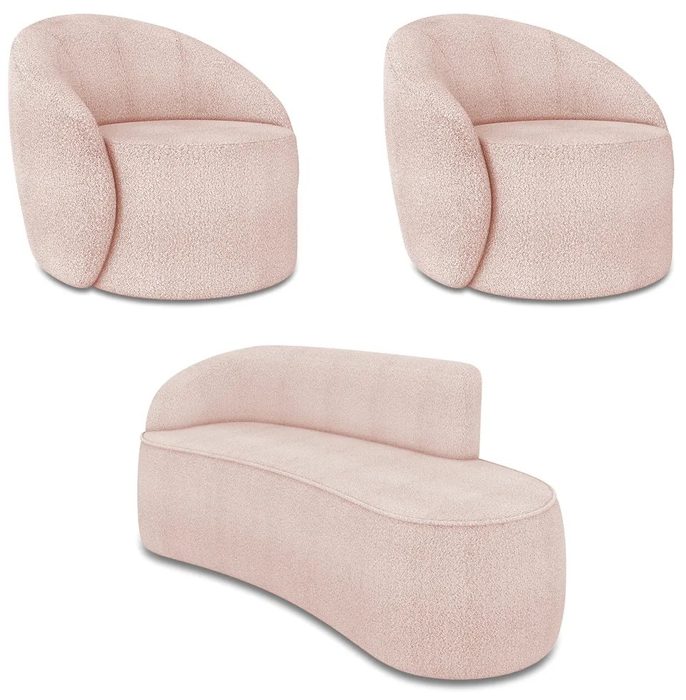 Sofá 3 Lugares Orgânico 180cm Morgan e 2 Poltronas Lua Bouclê Rosê
