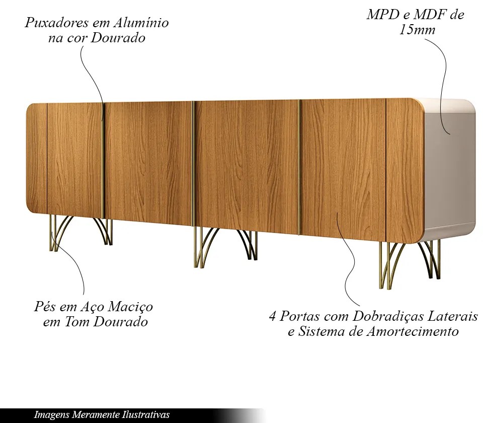 Conjunto Cristaleira Buffet com LED Portas de Vidro Pés Aço Maciço Cor Dourado Texas/Virginia Off White/Cinamomo G26 - Gran belo
