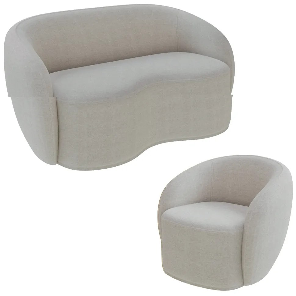 Conjunto 1 Sofá Living 160cm e 1 Poltrona Decorativa Sala de Estar Íbis Encosto Fixo Bouclê Cinza G33 - Gran Belo