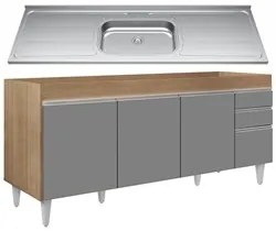 Balcão Gabinete Com Pia 180cm Dallas Castanho/Cinza - Lumil