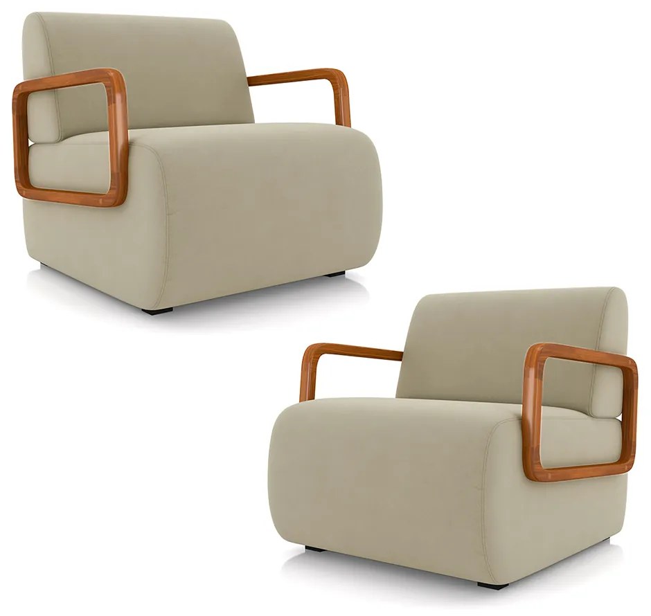 Kit 2 Poltronas Decorativa Sala de Estar Odessa Braços em Madeira Veludo Bege G33 - Gran Belo