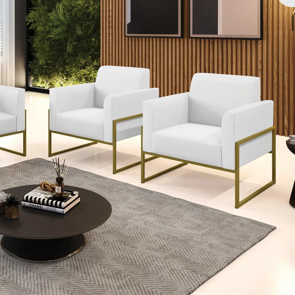 Kit 2 Poltronas Base Industrial Alta Dourado Marisa Corino D03 - D'Rossi - Branco
