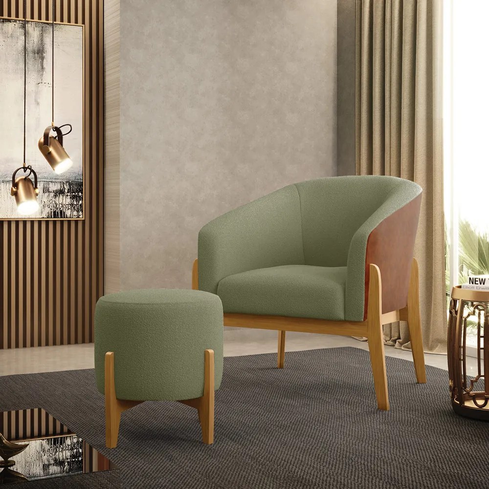 Poltrona e Puff Decorativo Base Madeira Stella PU Nozes/Bouclê D03 - D'Rossi - Pistache