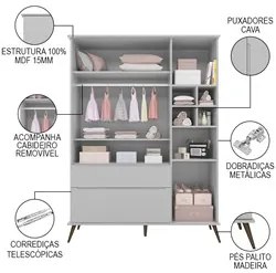 Guarda Roupa Infantil 100% MDF 3 Portas Pés Retrô Melinda Cinza - Phoe
