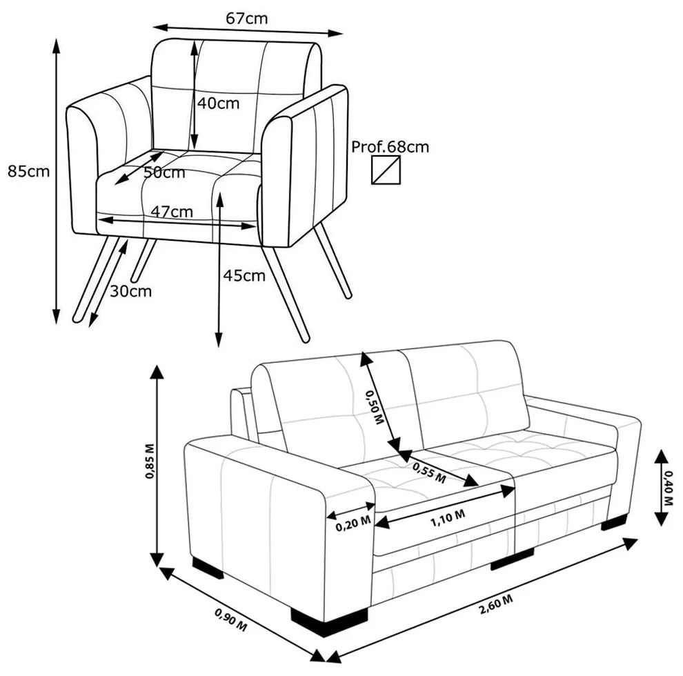 Conjunto de Sofá 4 Lugares Bipartido 260cm com 2 Poltronas Bia/Milano Couro Caramelo G58 - Gran Belo