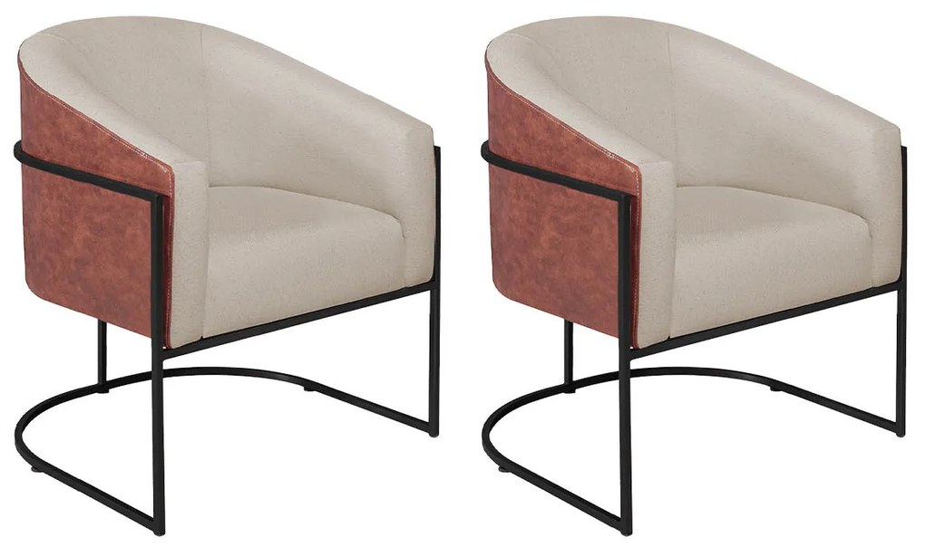 Kit 02 Poltronas Luiza Base de Ferro Preto Corano Nozes e Linho - ADJ Decor