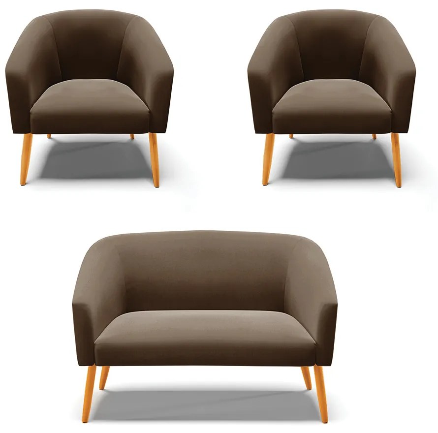 Namoradeira e 2 Poltronas Pé Palito Castanho Stella Suede D03 - D'Rossi - Marrom