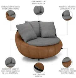 Poltrona para Sala Giratória Redonda Saphire Z32 Linho Cinza/Caramelo