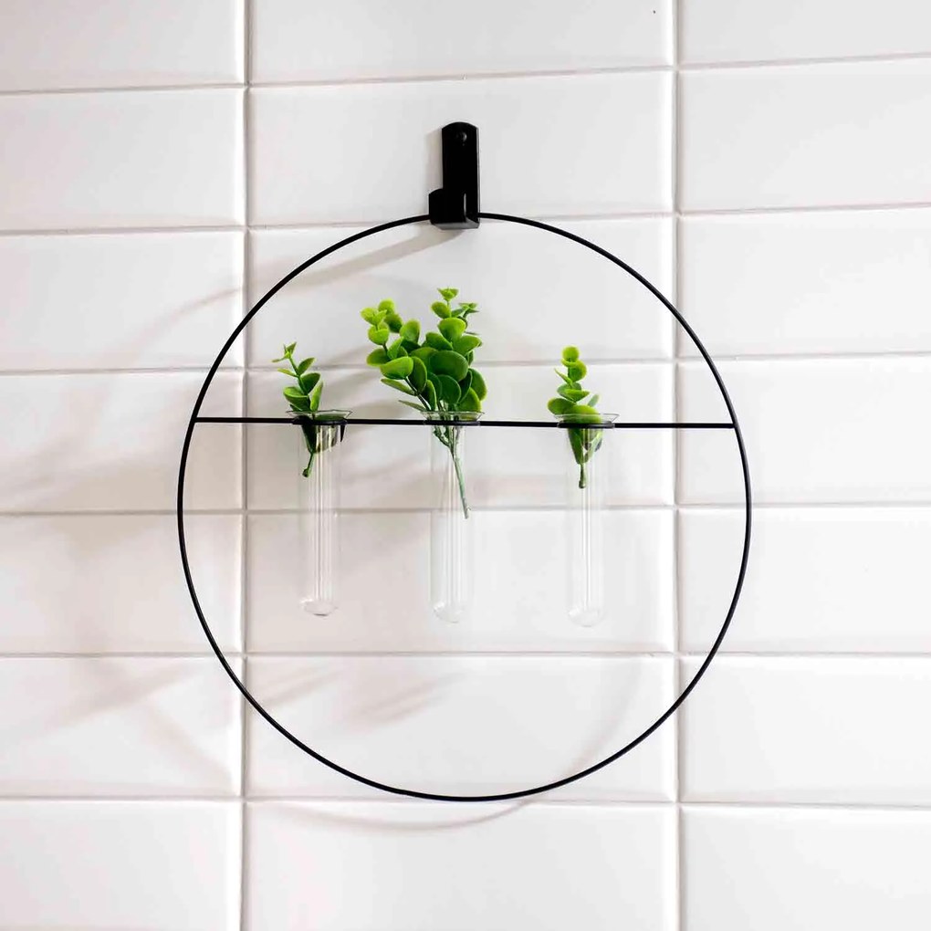 Vaso Decorativo de Parede Em Vidro e Metal Preto 34x2cm M02 - D'Rossi