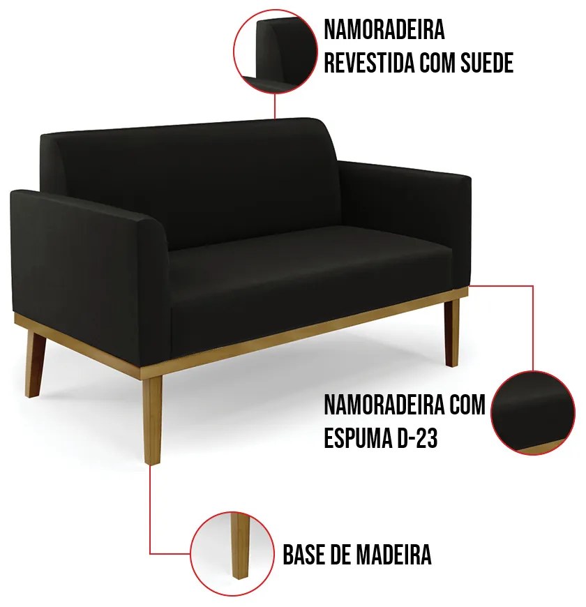 Sofá Namoradeira Base de Madeira Fixa Castanho Marisa Suede - Preto