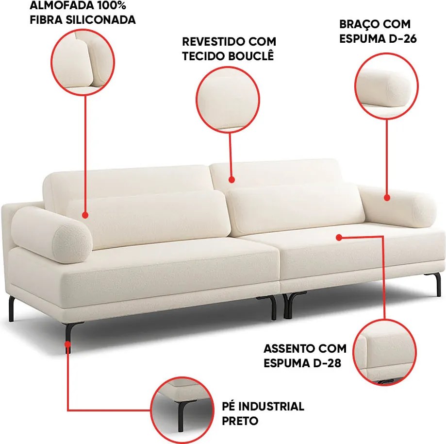 Sofá 3 Lugares Living 254cm Pé Ferro Romeu Bouclê Off White K01 - D'Rossi
