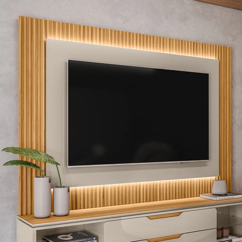 Painel Decorativo Singapura MDP/MDF TV até 70 Polegadas Ripado 2.2 Tauari/Off White G77 - Gran Belo
