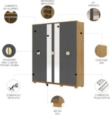 Guarda Roupa Casal 203cm Com Espelho Leo Nature/Alasca V02 - Mpozenato