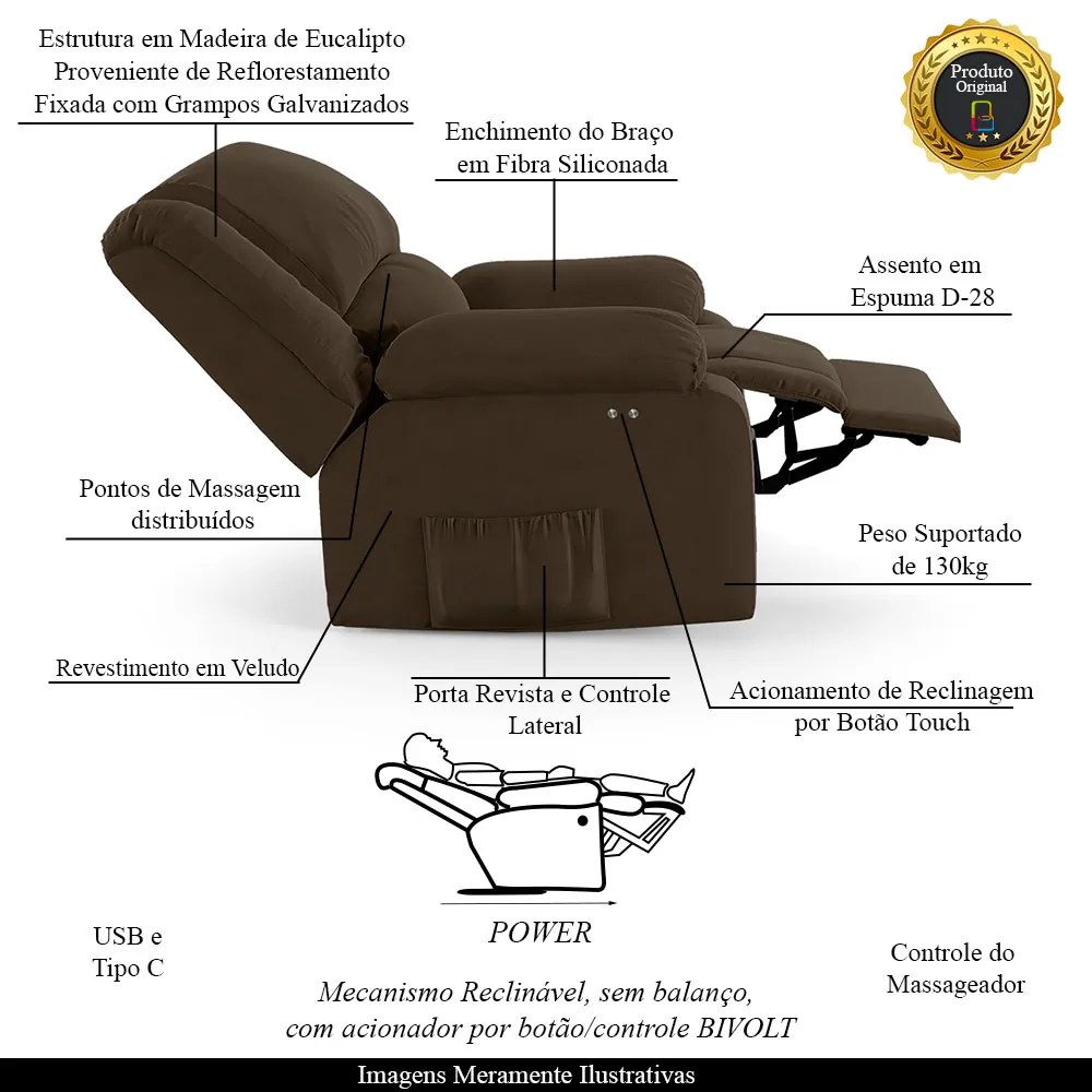 Poltrona do Papai Reclinável Sala de Cinema Madrid Power Touch Massagem USB Veludo Marrom G23