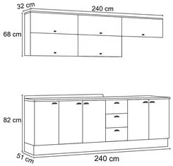 Cozinha Modulada Completa 240cm 11 Peças 10 Portas 3 Gavetas Americana