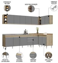 Armário de Cozinha Modulado de Canto 7 Peças CP36 com Pia Inox Castanh