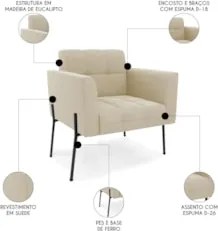 Poltrona Para Sala Pé Metal Preto Kit 2 Ana Suede Bege - Ibiza