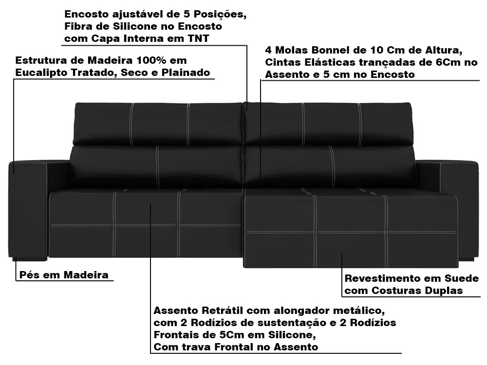 Sofá Retrátil 264cm Nero Couro Preto - Gran Belo