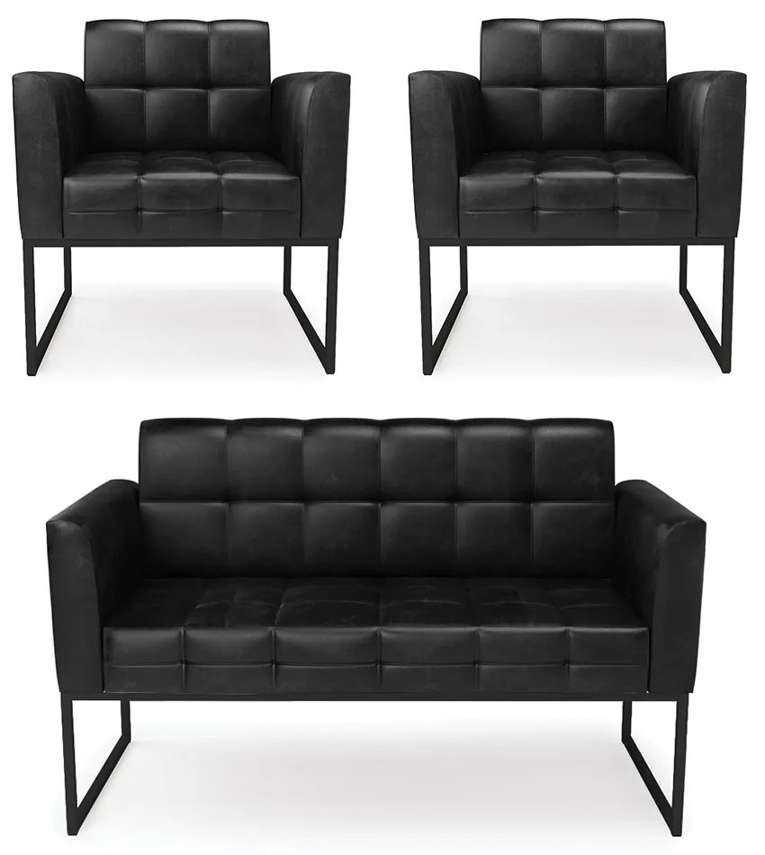 Kit 1 Sofá Namoradeira e 2 Poltronas Elisa Corano Base Metálica Industrial Preto - D'Rossi - Preto