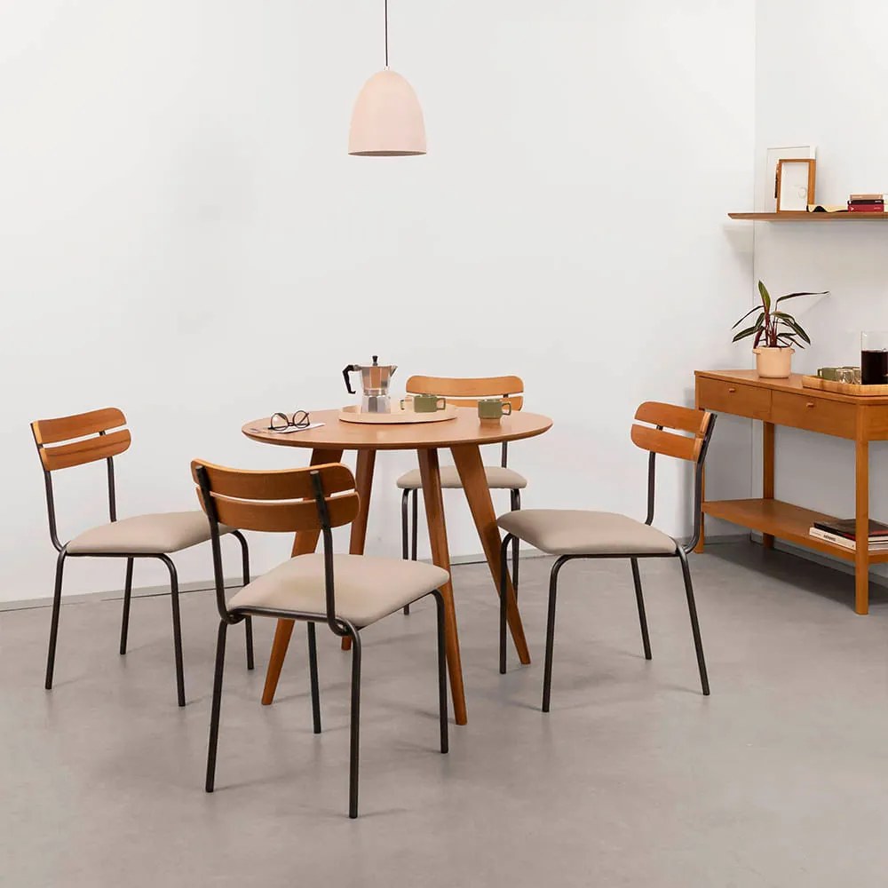 Conjunto Mesa de Jantar Square Laminada Redonda Natural - 88cm + 4 Cadeiras Ribs Sarja - Deserto