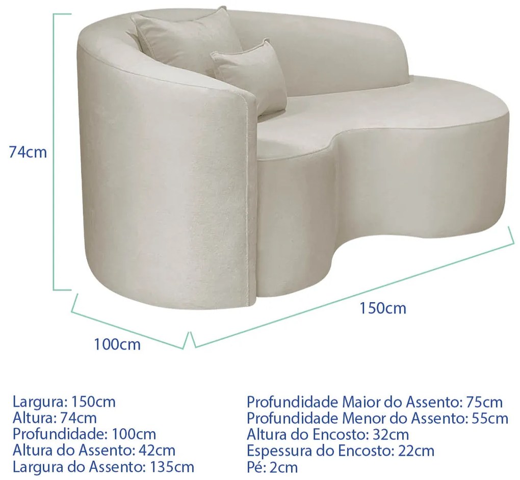 Kit Recamier Curvo Sala de Estar Inglaterra 150cm Lado Direito e Poltrona Orgânica Luxo Amore Linho