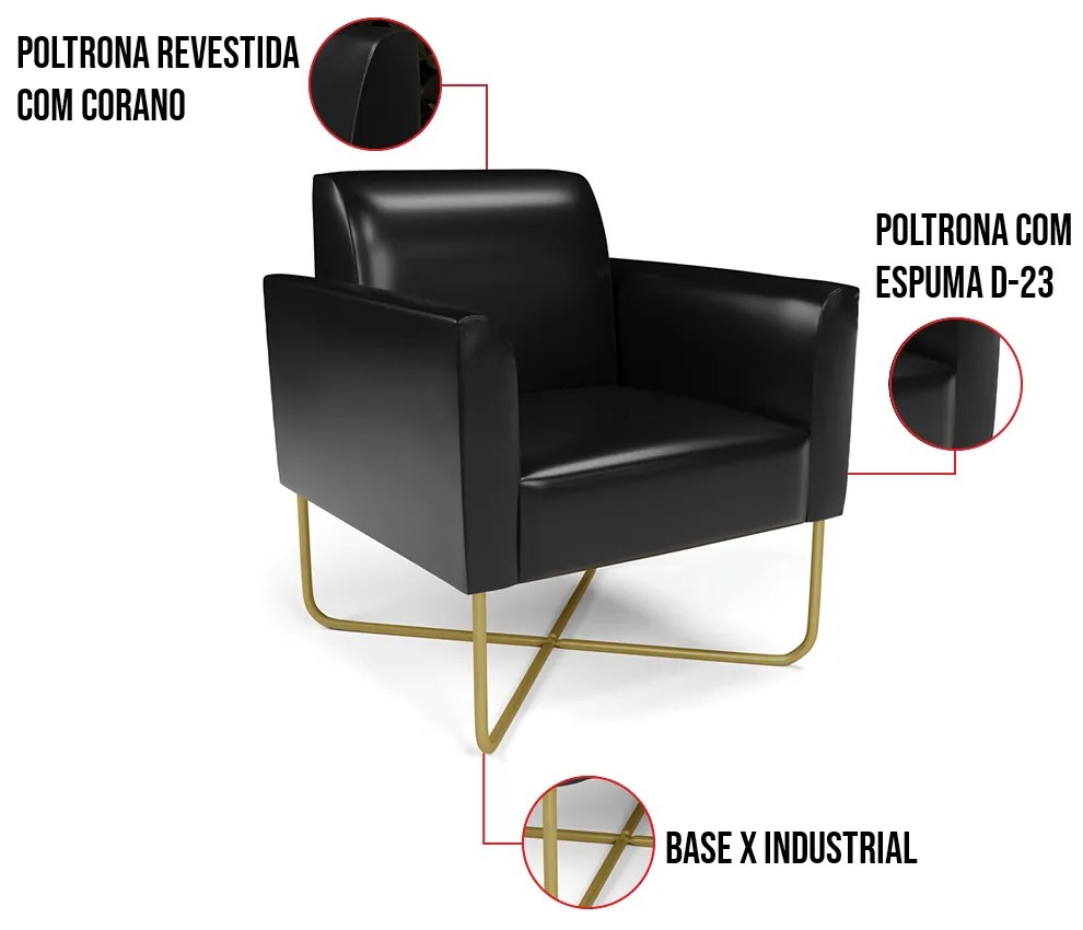 Kit 2 Poltronas Base X Industrial Dourado Marisa Corano - Preto