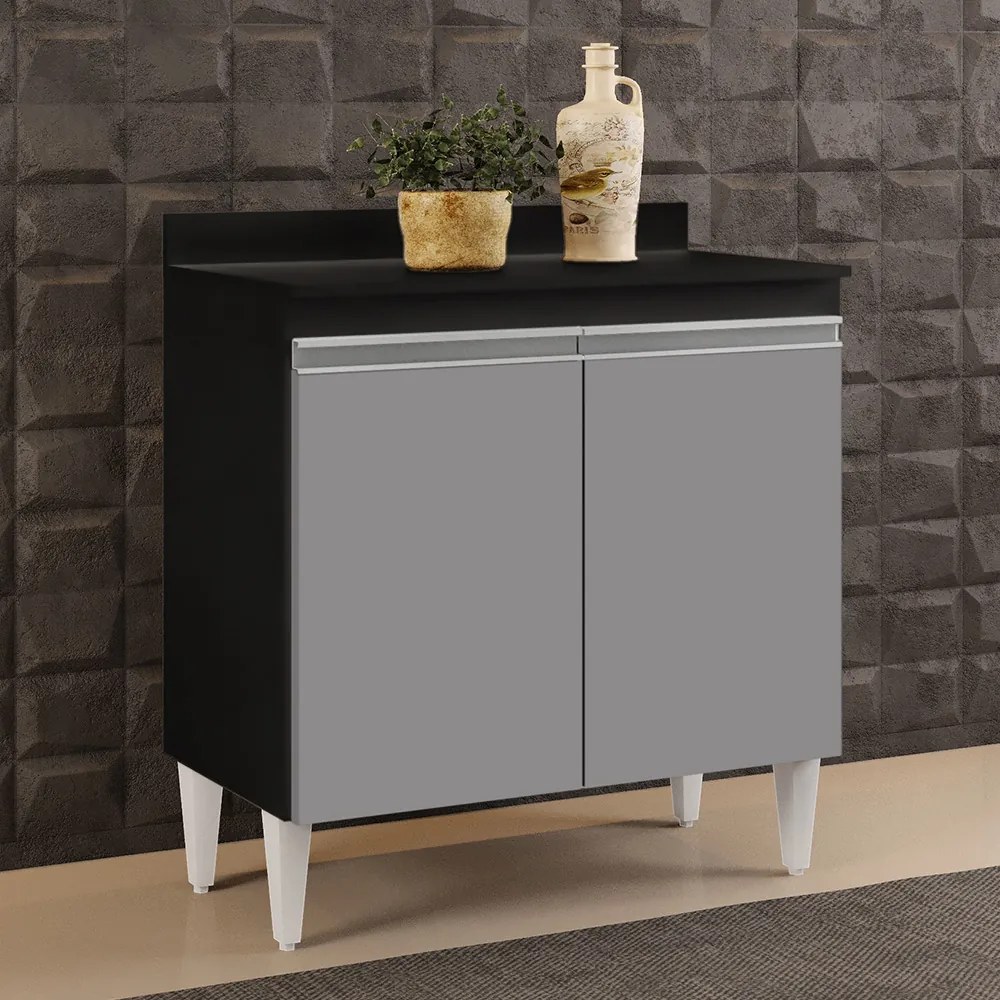 Balcão de Cozinha Lavanderia Com Tampo 02 Portas Sara Preto e Cinza 80 Cm - D'Rossi