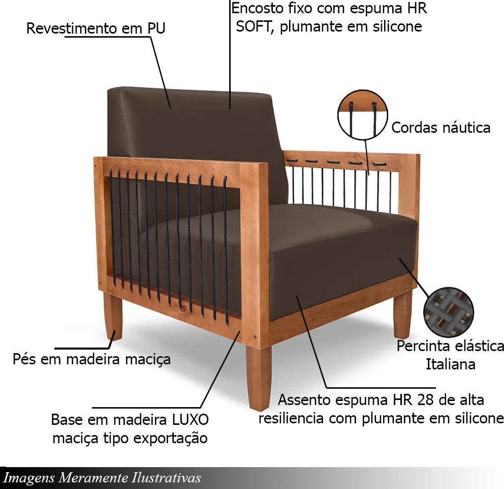 Poltrona Sala de Estar Pés Madeira Maciça Corda Náutica Preta 75cm Manila PU Marrom G63 - Gran Belo