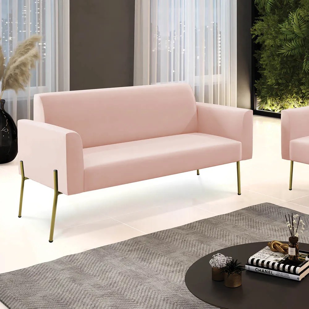 Sofá Namoradeira 2 Lugares Pé de Ferro Dourado Marisa Veludo Rosê