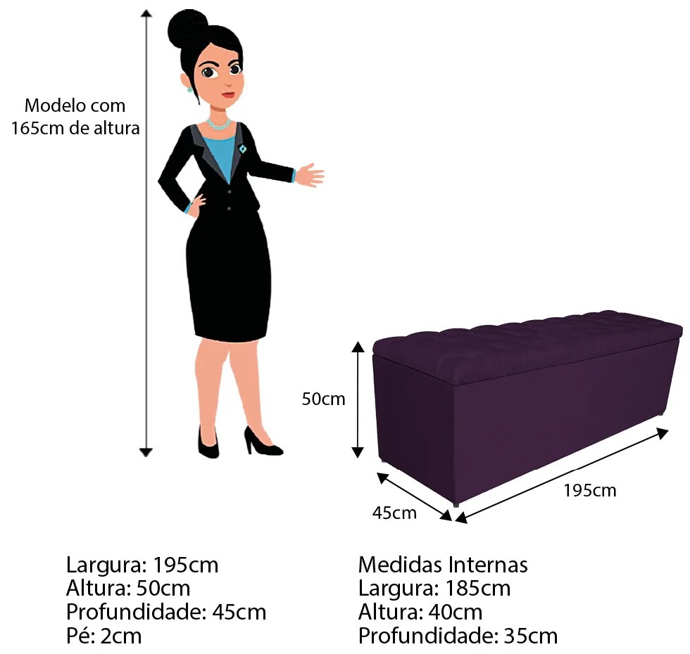 Calçadeira Estofada Liverpool 195 cm King Size Suede Roxo - ADJ Decor