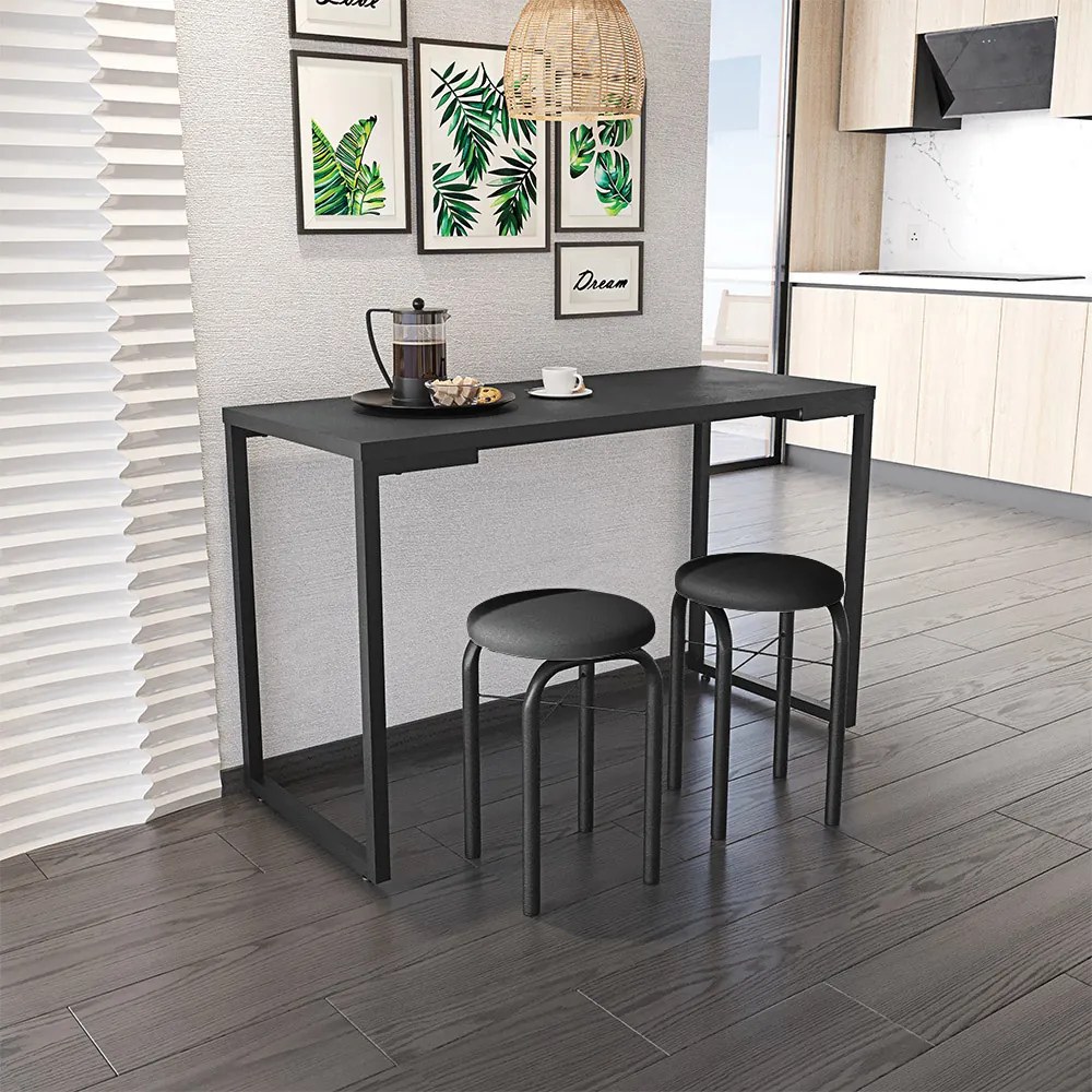 Mesa de Cozinha Industrial Porto Preto 120 cm com 02 Banquetas Manu Corino Preto - D'Rossi
