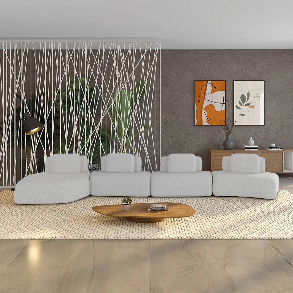 Sofá 4 Lugares Orgânico com Chaise e 3 Módulos Berlim Bouclê Cinza Claro K01 - D'Rossi
