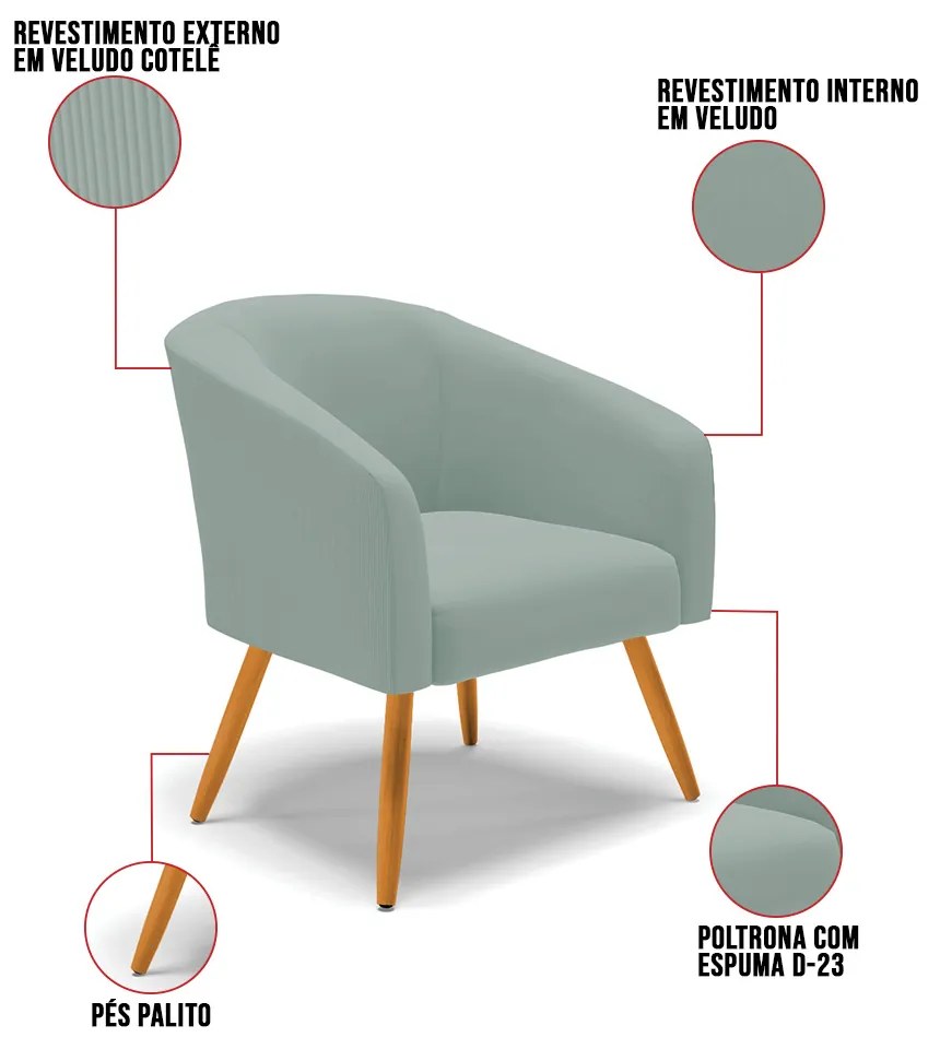 Poltrona Decorativa Pé Palito Castanho Kit 2 Stella Cotelê Ext/Veludo D03 - D'Rossi - Menta