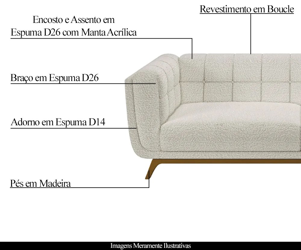 Sofá Decorativo Sala de Estar 240cm Rocket 3 Lugares Base Madeira Boucle Off White G45 - Gran Belo