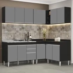 Armário de Cozinha Modulado de Canto 6 Peças CP30 com Pia Inox Preto/C