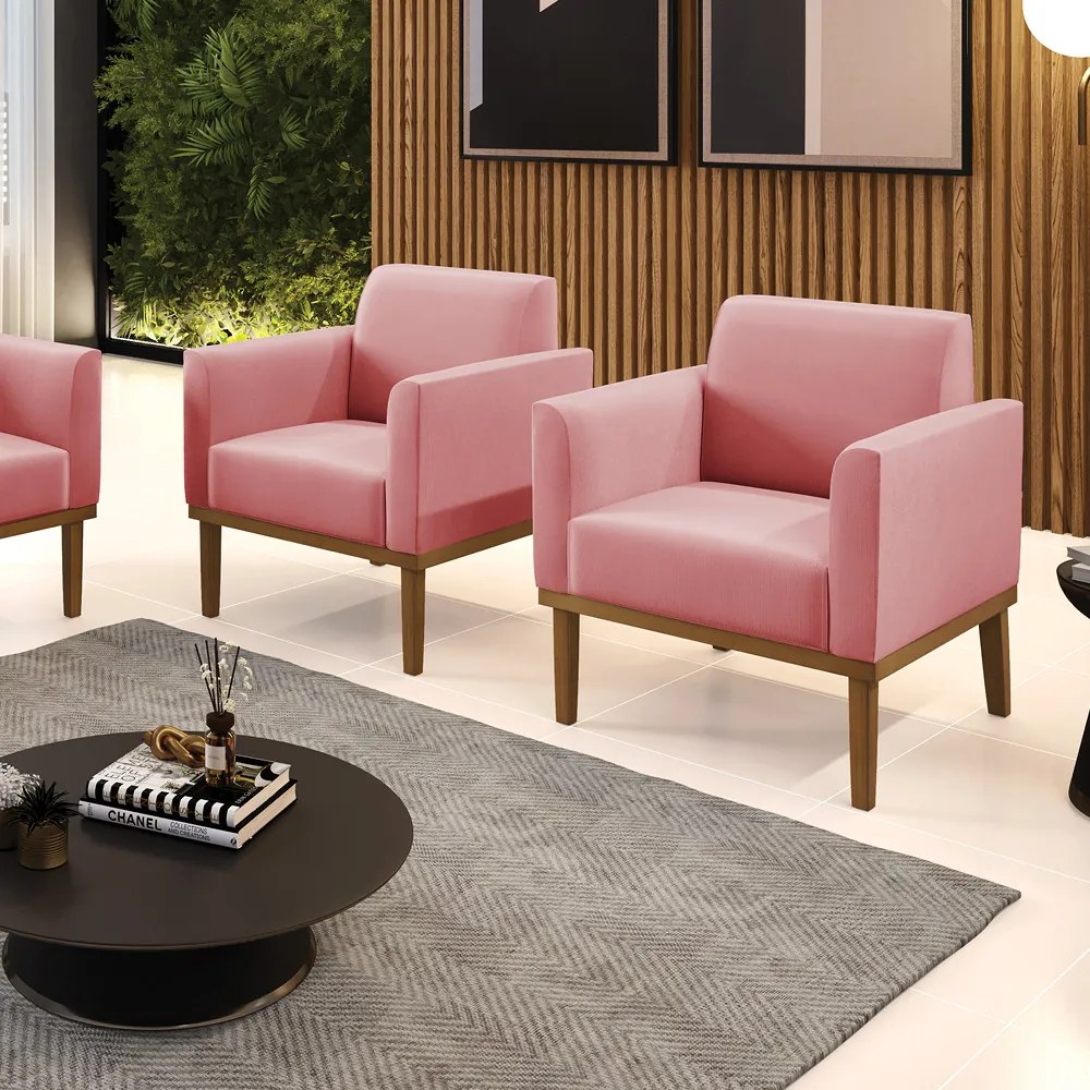 Kit 2 Poltronas Decorativas Isabella Pés Fixo em Madeira Castanho Suede Rose G19 - Gran Belo