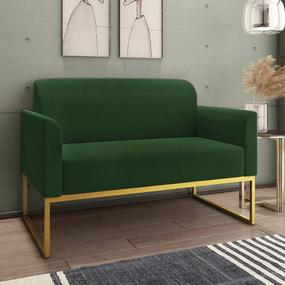 Poltrona Namoradeira Decorativa Isabella Base Industrial Suede Verde/Dourado G19 - Gran Belo