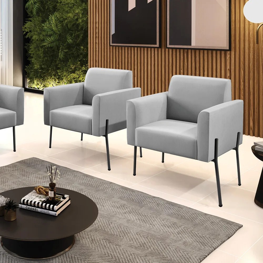 Poltrona Pé de Ferro Preto para Sala Kit 2 Marisa Suede D03 - D'Rossi - Cinza