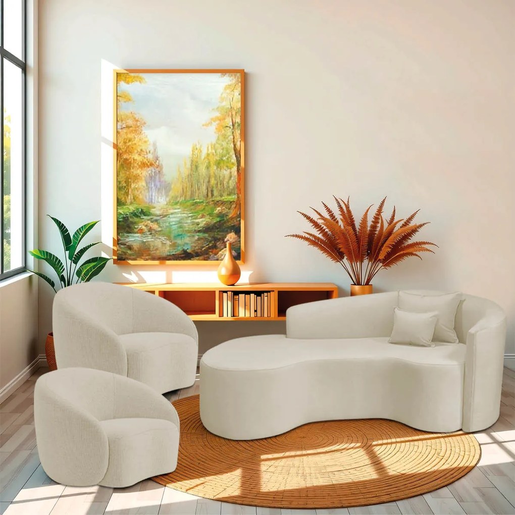 Kit Recamier Curvo Sala de Estar Inglaterra 200cm Lado Esquerdo e 2 Poltronas Orgânica Luxo Amore Bouclé