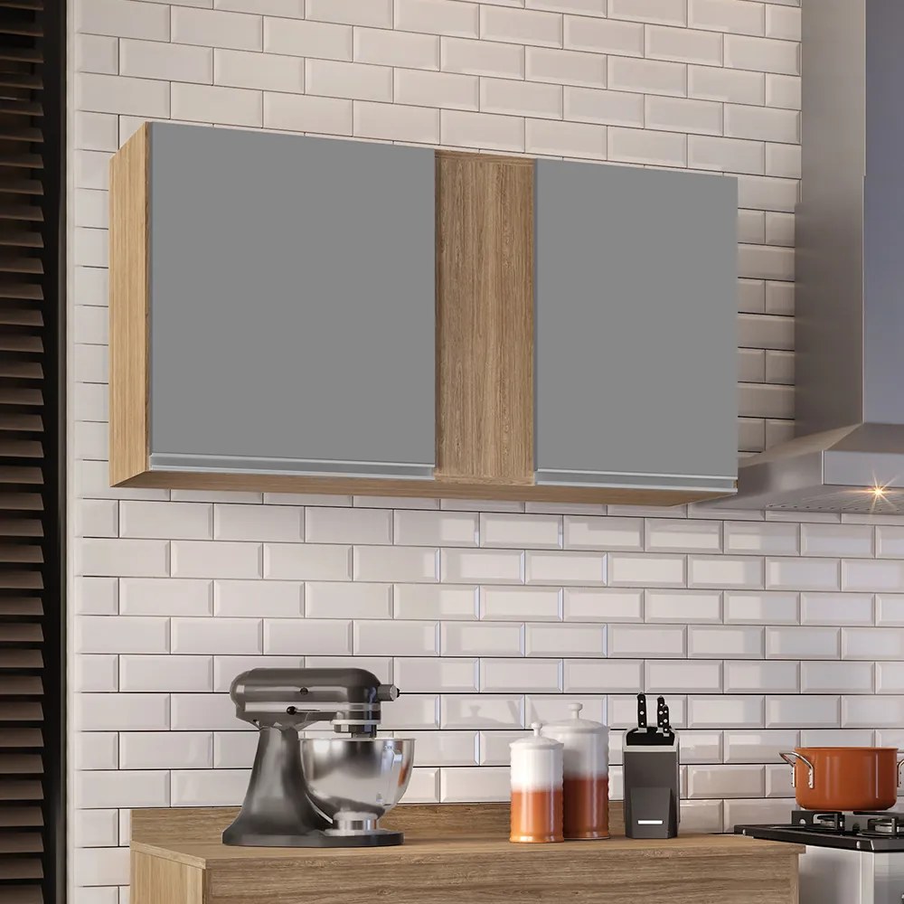 Armário Aéreo de Cozinha Lavanderia 02 Portas Agata 100 cm L06 - D'Rossi - Castanho e Cinza