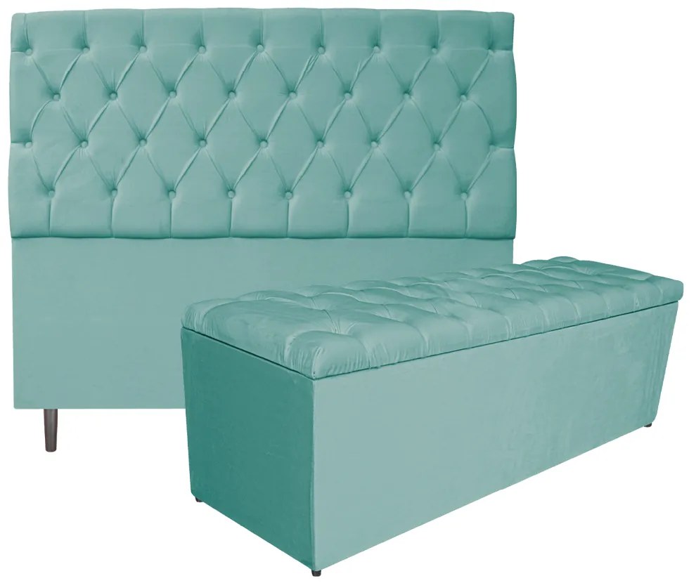 Kit Cabeceira e Calçadeira Liverpool 160 cm Queen Size Suede Azul Tiffany - ADJ Decor