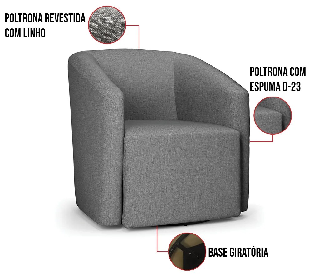 Poltrona Decorativa Base Giratória Kit 2 Stella Max Linho D03 - D'Rossi - A26 Grafite