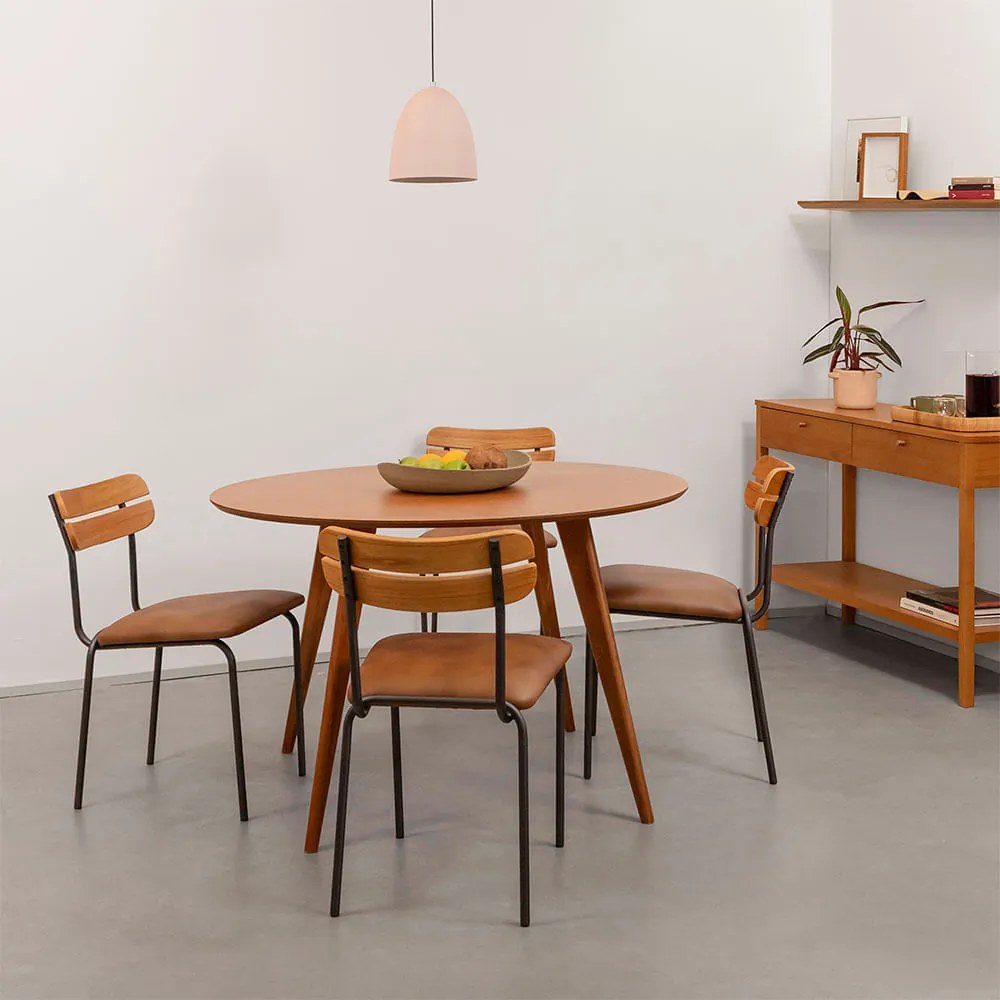 Conjunto Mesa Jantar Square Laminada Redonda Natural - 1,18m + 4 Cadeiras Ribs - Caramelo