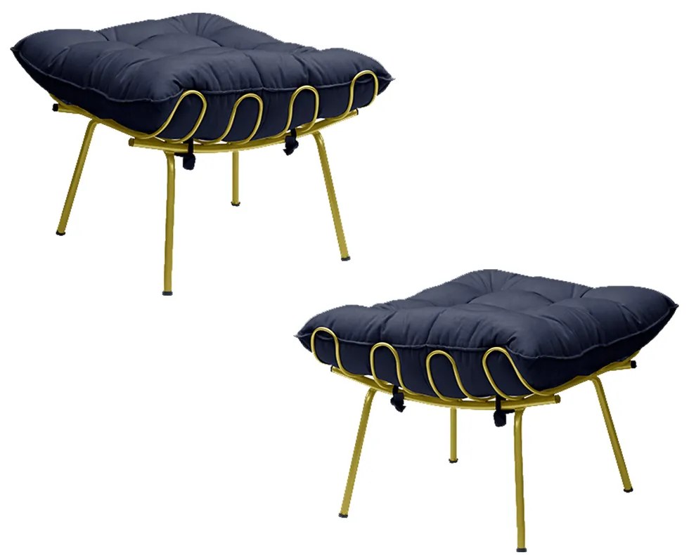 Kit 2 Puff Decorativo Sala de Estar Abel Pés Dourado Veludo Azul G41 - Gran Belo