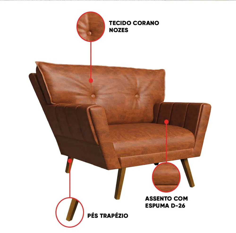 Poltrona Sala Pé de Madeira Anitta Sintético PU Nozes D03 - D'Rossi