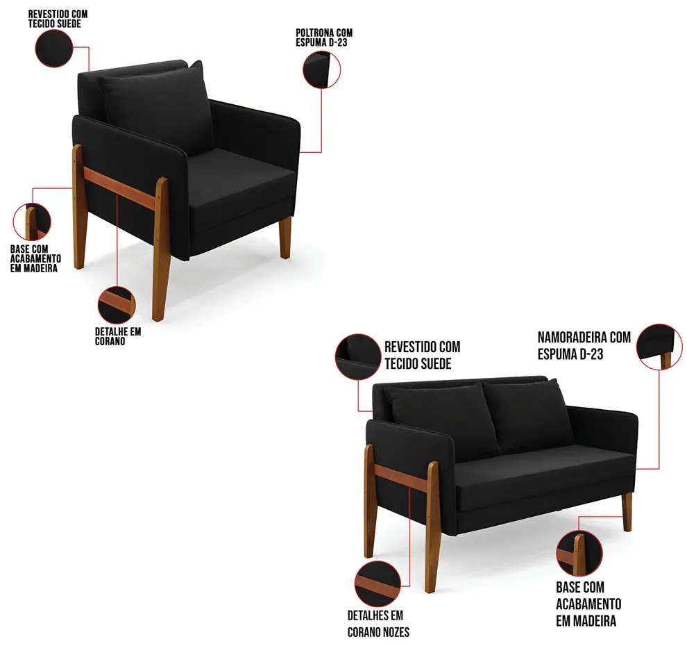 Kit 1 Sofá Namoradeira e 1 Poltrona Lana Suede Base de Madeira D03 - D'Rossi - Preto